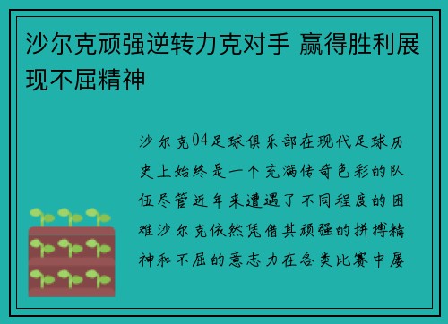 沙尔克顽强逆转力克对手 赢得胜利展现不屈精神