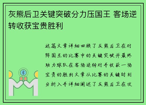 灰熊后卫关键突破分力压国王 客场逆转收获宝贵胜利