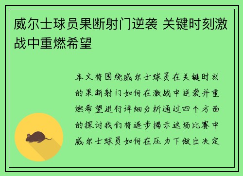 威尔士球员果断射门逆袭 关键时刻激战中重燃希望