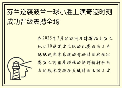 芬兰逆袭波兰一球小胜上演奇迹时刻成功晋级震撼全场