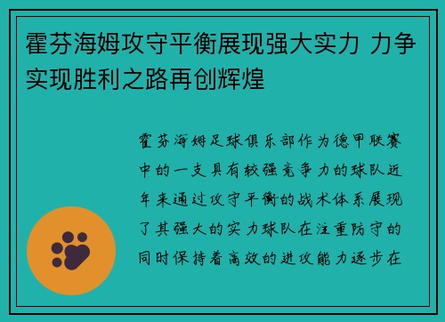 霍芬海姆攻守平衡展现强大实力 力争实现胜利之路再创辉煌